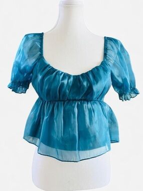 Thirty Thirty Teal Sheer Puff Sleeve Babydoll Top Size S